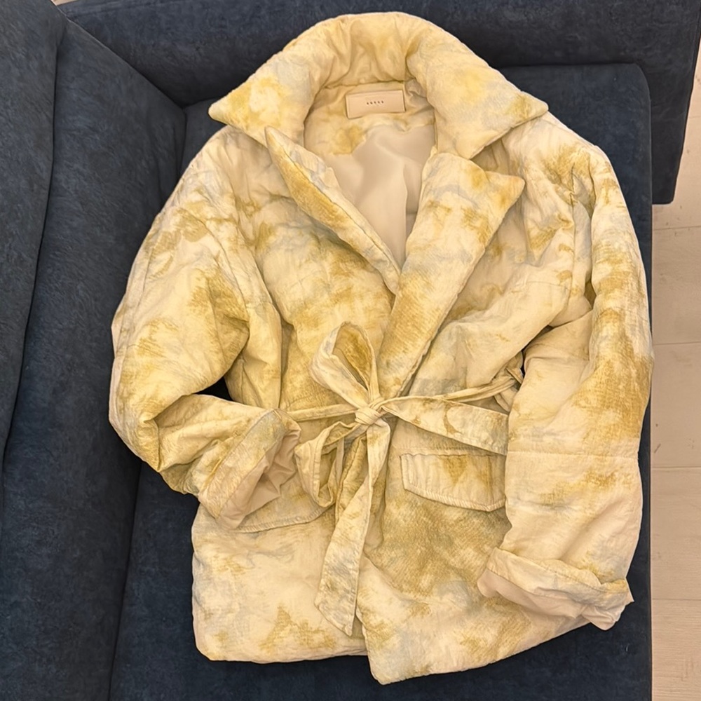 Blank NYC Cream and Yellow Puffer Jacket with Prominent Collar